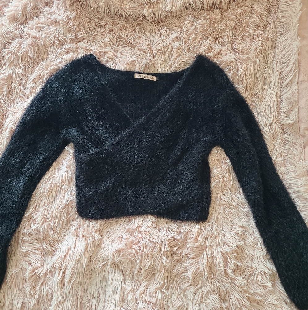 M/L Fuzzy Black Faux Wrap Long sleeved top